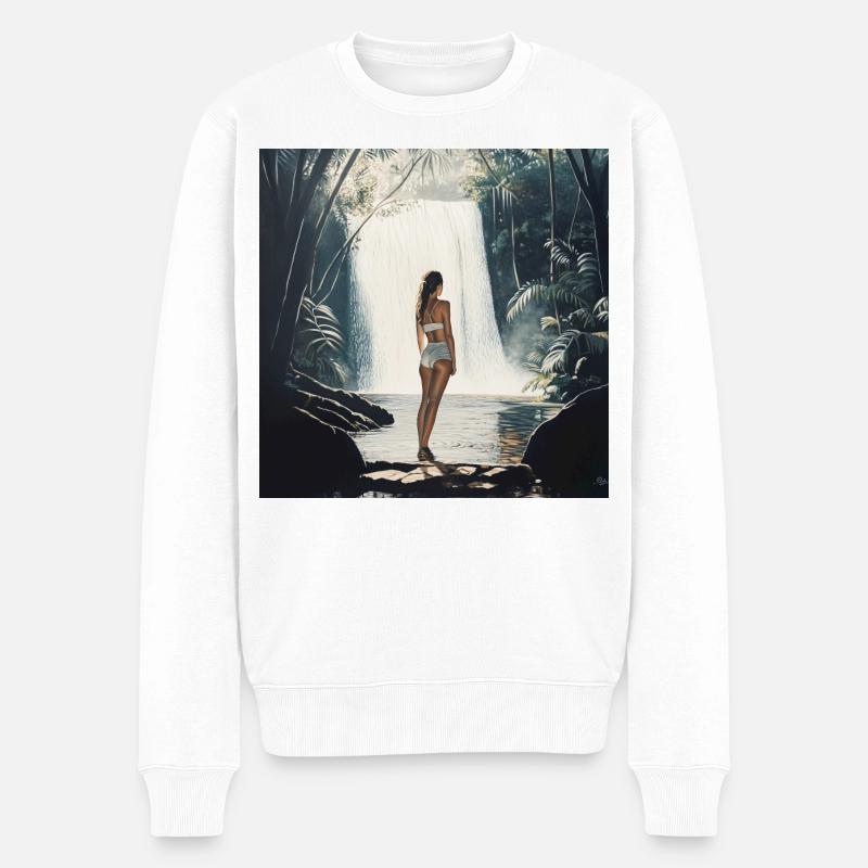 Reizende Frau am Wasserfall - Männer Premium Bio Pullover - Weiß