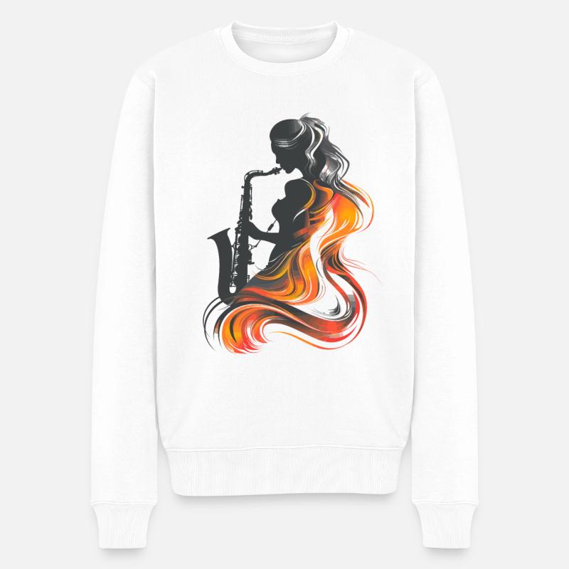 Saxophonistin Grafik - Männer Premium Bio Pullover - Weiß
