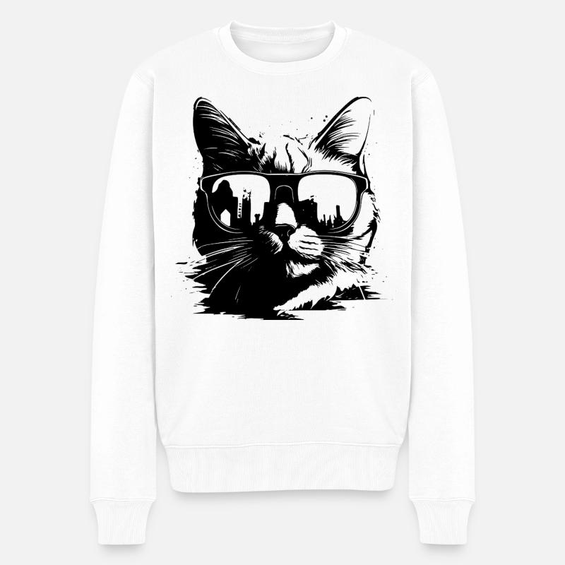Katze mit Sonnenbrille - Männer Premium Bio Pullover - Weiß