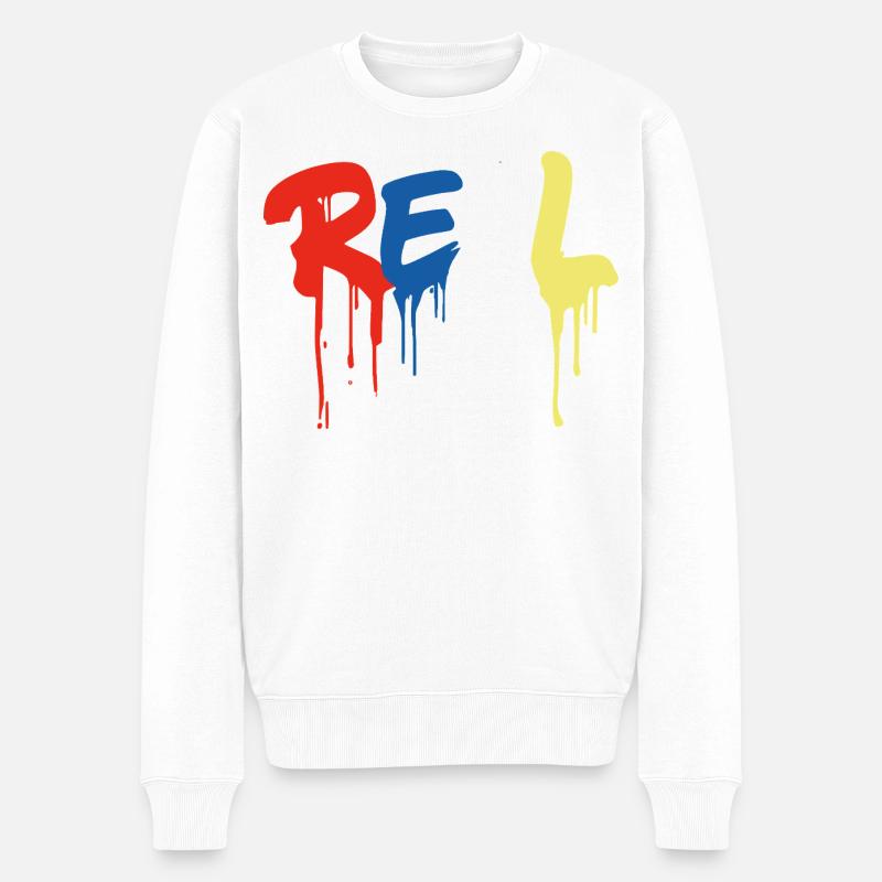 Graffiti-Style "REAL" - bunter tropfender Buchstabe - Männer Premium Bio Pullover - Weiß