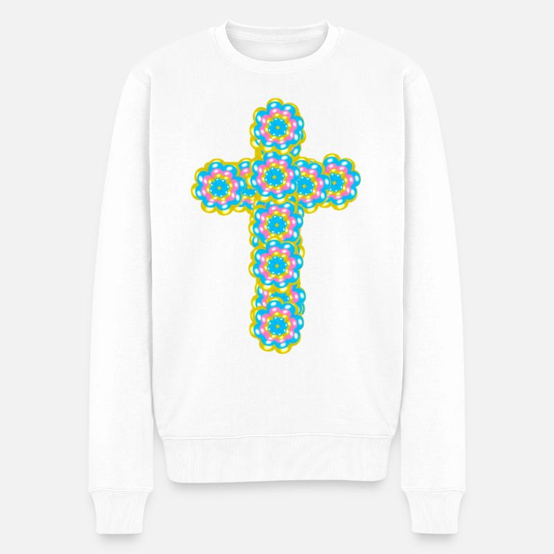 Croix Jésus Croix Crucifix Fleurs - Pull Premium bio Homme - blanc