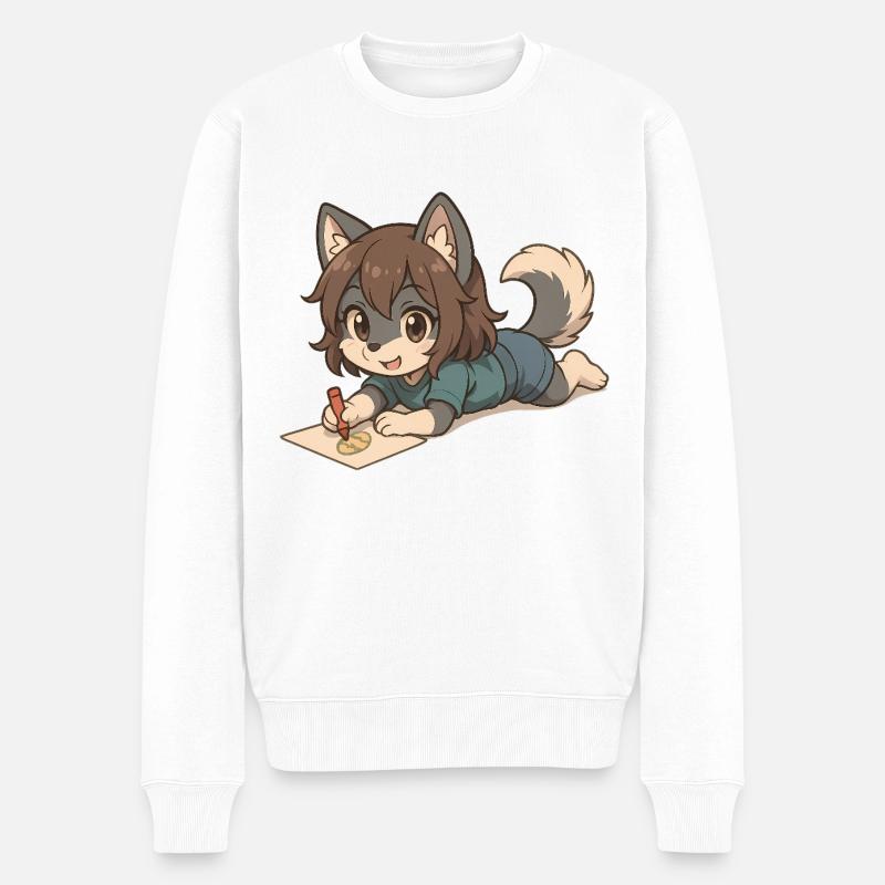 Chibi Wolf Pup – Zeichnendes Wolfs-Kind Motiv - Männer Premium Bio Pullover - Weiß