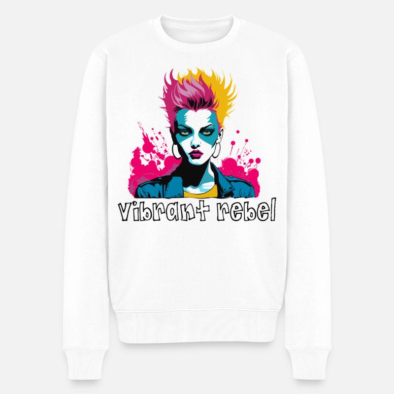 Vibrant rebelle - Portrait Pop Art explosif - Pull Premium bio Homme - blanc