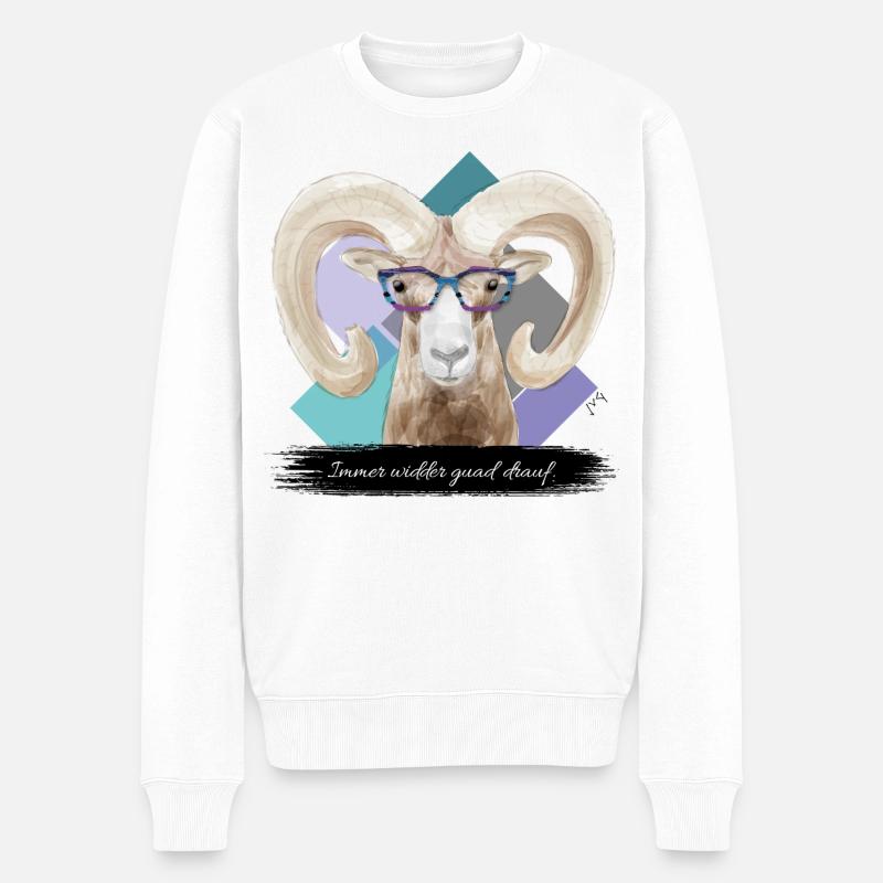JvG Widder "Immer widder guad drauf." - Männer Premium Bio Pullover - Weiß