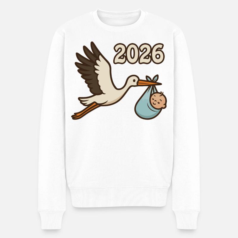 Cigogne avec enfant trouvé dans son bec 2026 - Pull Premium bio Homme - blanc