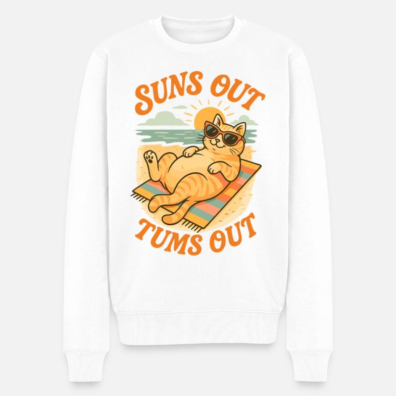 Sonne raus, Bauch raus Katze Design - Männer Premium Bio Pullover - Weiß