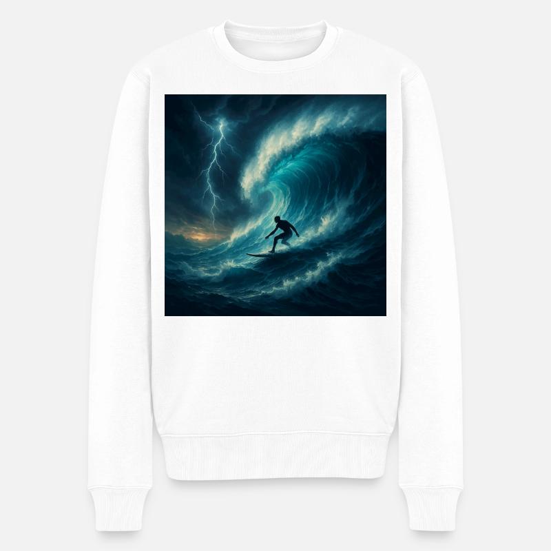 Storm Surfer - Surfen auf riesiger Welle - Männer Premium Bio Pullover - Weiß