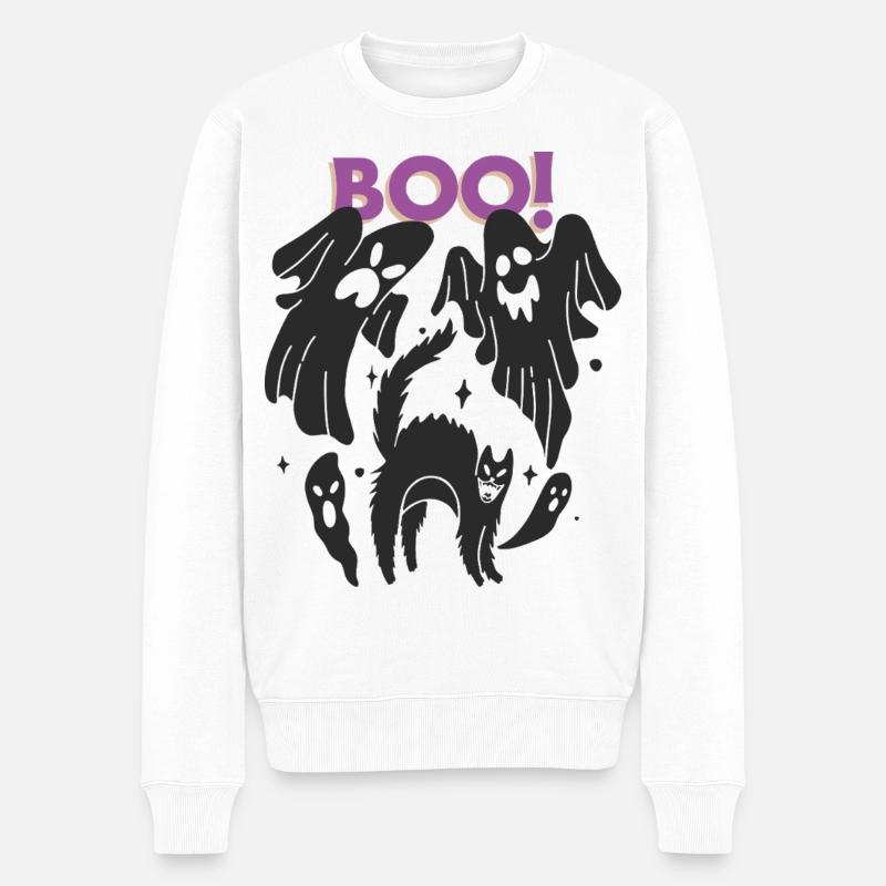 BOO! Ghost Cat Halloween  - Männer Premium Bio Pullover - Weiß