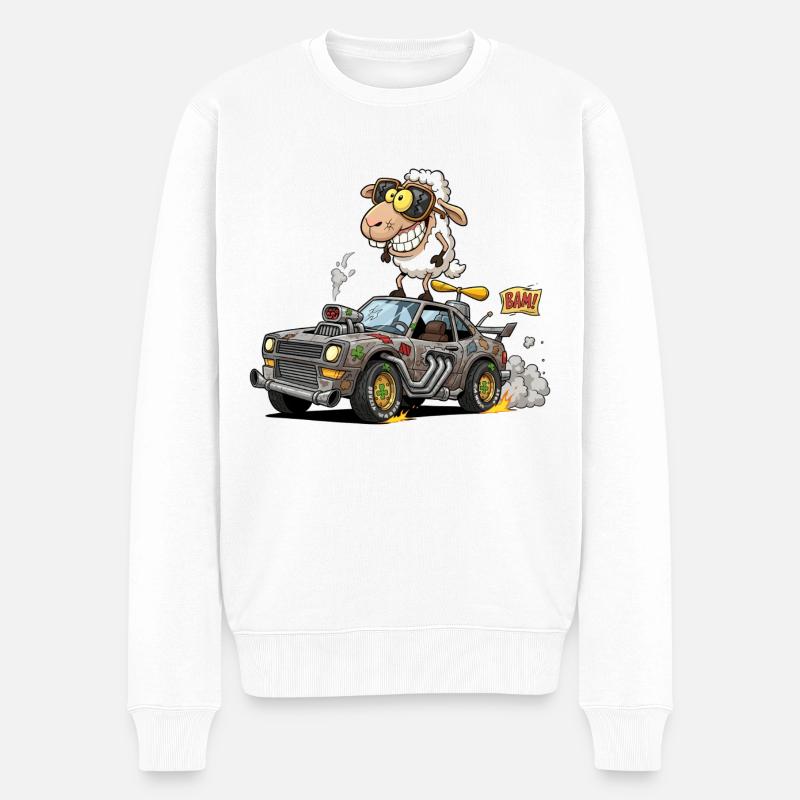 Skurrile Schaf-Rennwagen-Illustration - Männer Premium Bio Pullover - Weiß