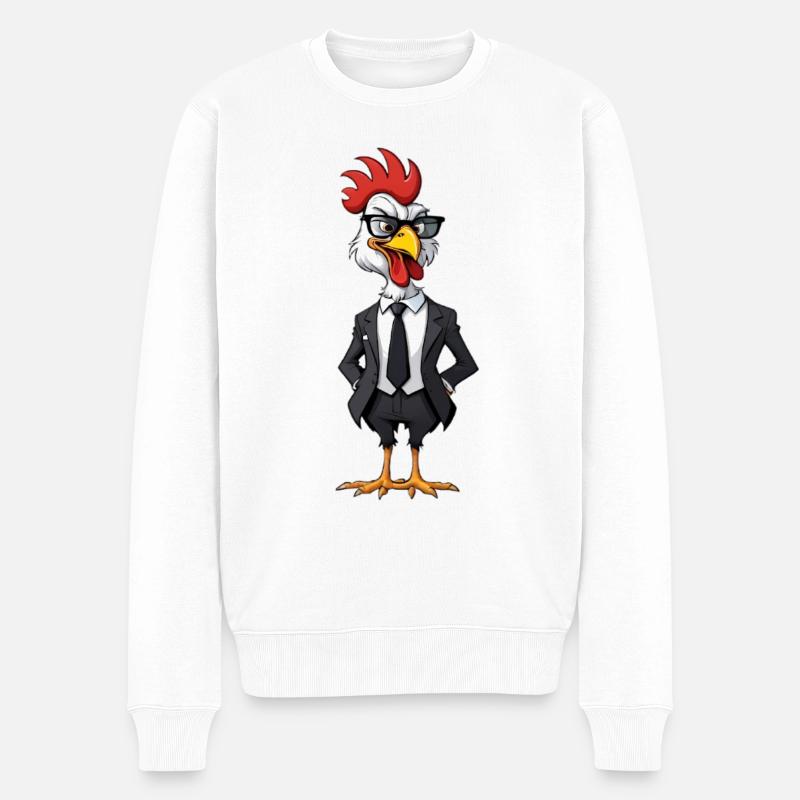 Hahn im schwarzen Anzug - lustiges Tier Design - Männer Premium Bio Pullover - Weiß