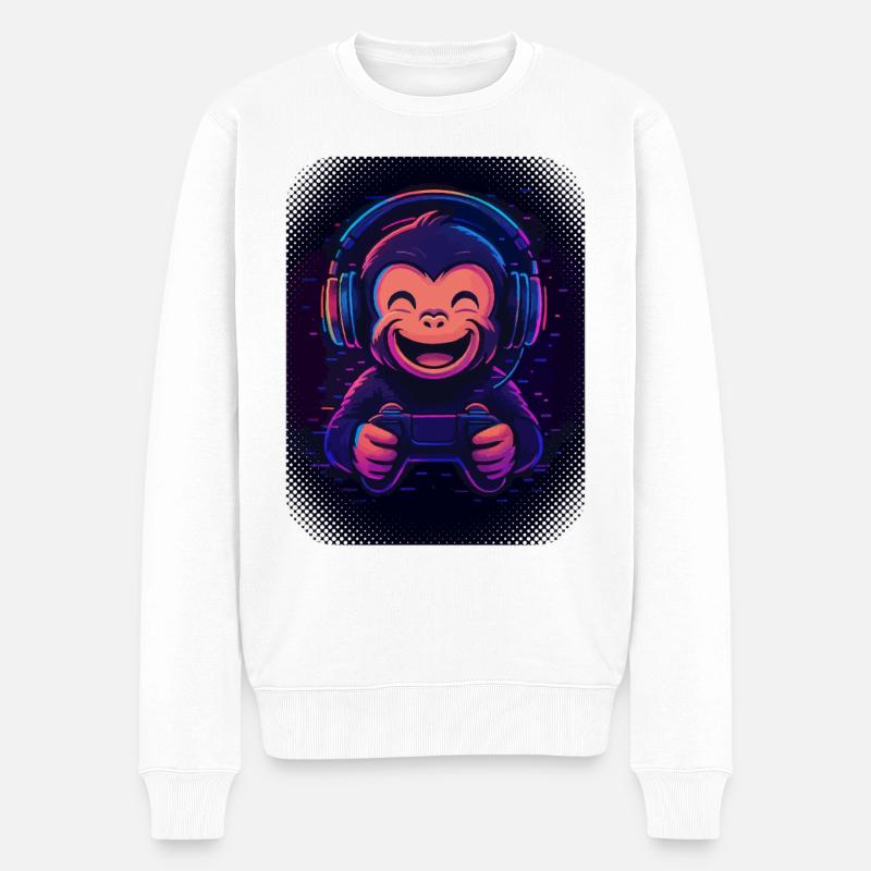 Cooler Affe mit Kopfhörern, Brille und Gamepad - Männer Premium Bio Pullover - Weiß