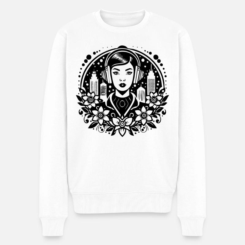 Melancholie Ruhe Stille – Frau, Kopfhörer, Pose - Männer Premium Bio Pullover - Weiß