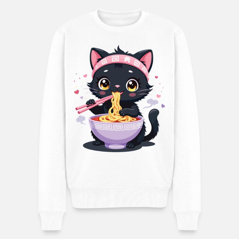 Chat noir dégustant ramen japonais - Pull Premium bio Homme - blanc