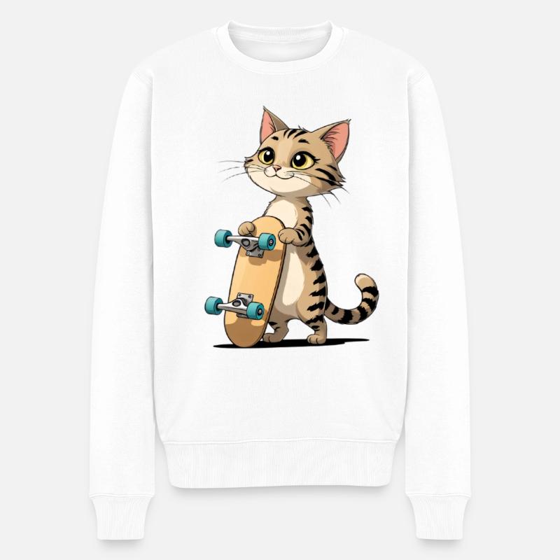 Kätzchen mit Skateboard Illustration - Männer Premium Bio Pullover - Weiß
