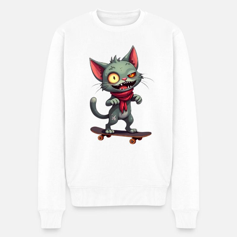 Gruselige Skateboard-Katze - Männer Premium Bio Pullover - Weiß