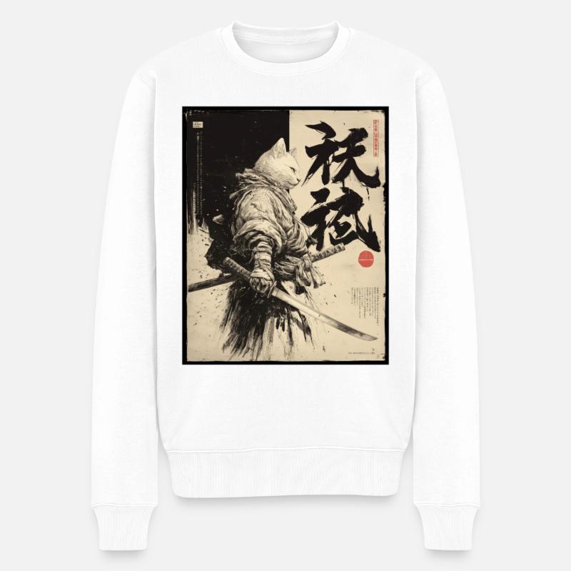 Samurai Katze, Japanischer Krieger & Kämpfer - Männer Premium Bio Pullover - Weiß