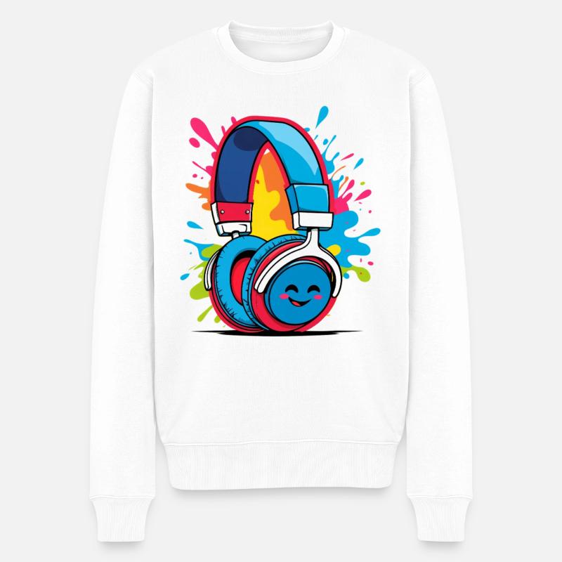 Bunte Kopfhörer Illustration mit Smileygrafik - Männer Premium Bio Pullover - Weiß