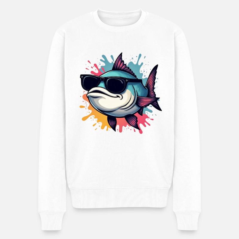 Cooler Fisch mit Sonnenbrille - Männer Premium Bio Pullover - Weiß