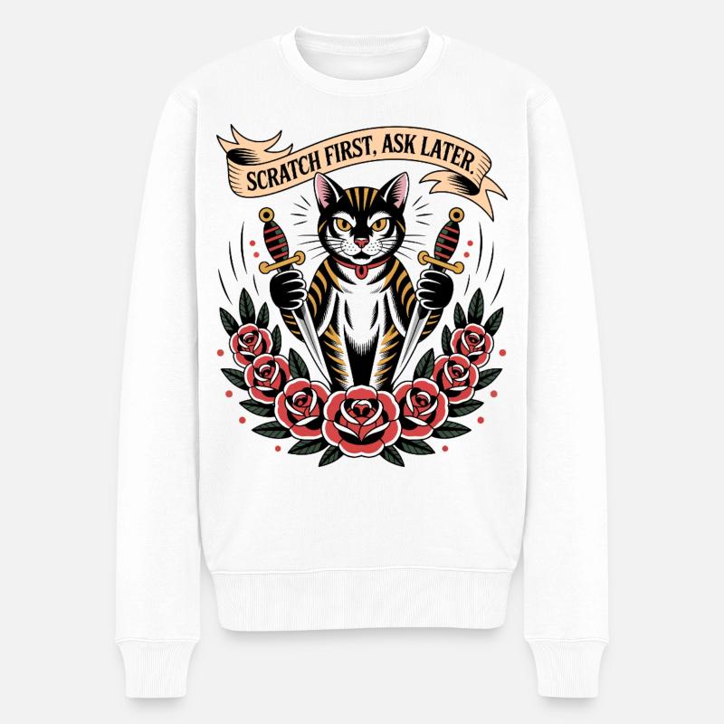Erste Katze kratzen - Männer Premium Bio Pullover - Weiß