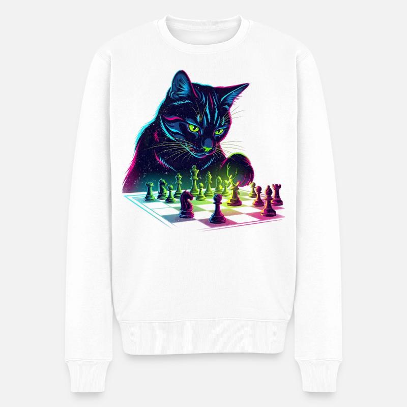 Neon Schwarzer Katzen-Schach-Design - Männer Premium Bio Pullover - Weiß
