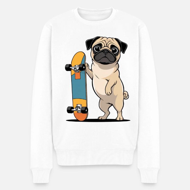 Pug mit Skateboard Illustration - Männer Premium Bio Pullover - Weiß