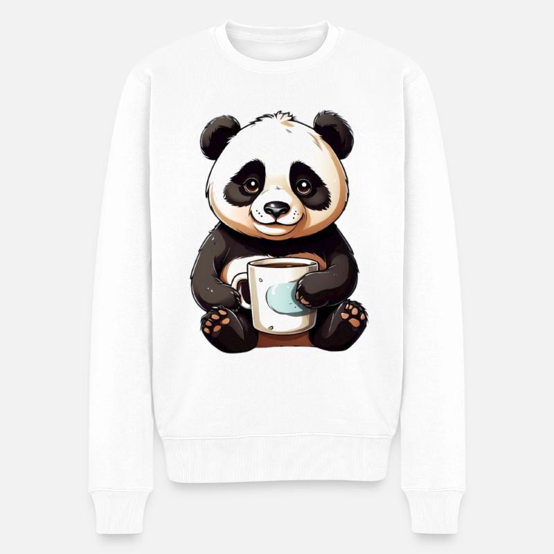 Kuschel-Panda mit Kaffeetasse - Männer Premium Bio Pullover - Weiß