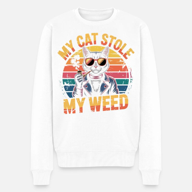 Retro Katze Kiffer Illustration - Männer Premium Bio Pullover - Weiß