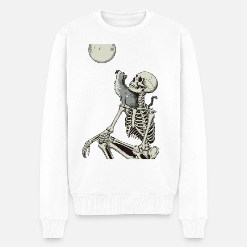 Mondnacht mit Skelett und Katze - Männer Premium Bio Pullover - Weiß