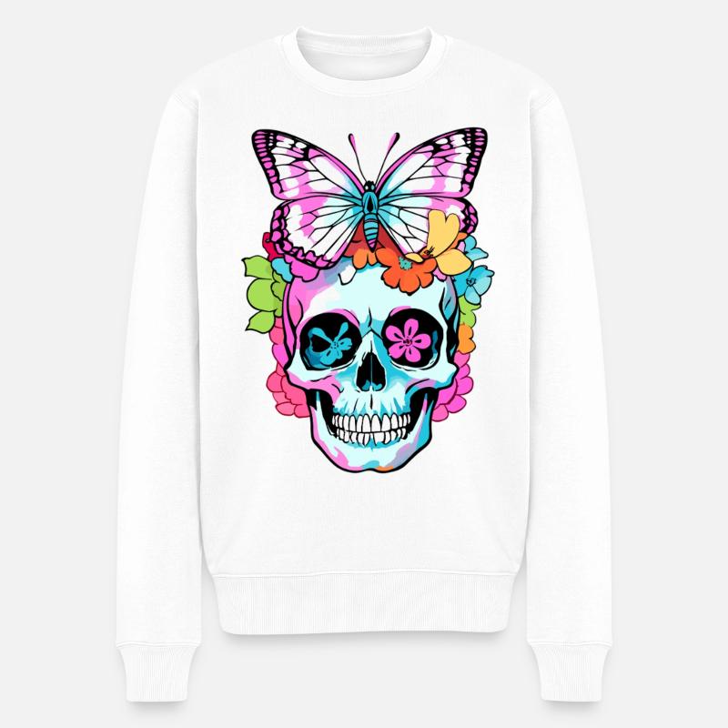 Bunter Totenkopf mit Schmetterling - Männer Premium Bio Pullover - Weiß