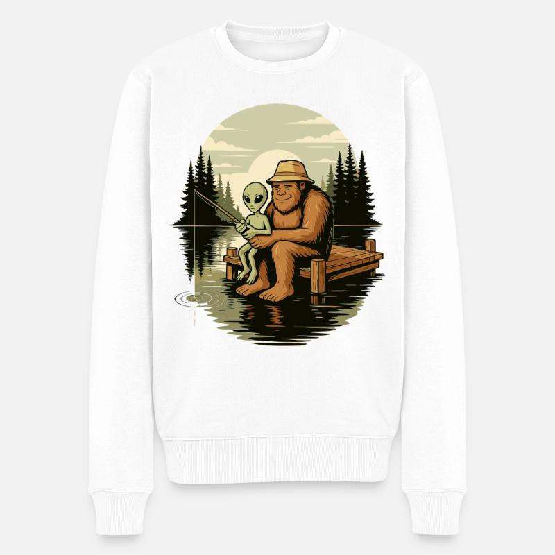 Pêche, Pêcheur, Pêcheur, Pêche, Bigfoot, Alien - Pull Premium bio Homme - blanc