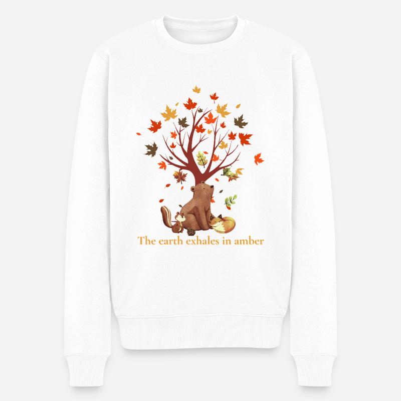 Waldtiere mit Herbstbaum und Spruch - Männer Premium Bio Pullover - Weiß