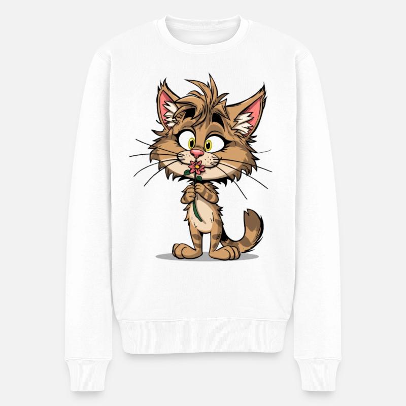 Niedliche Katze mit Blume - Männer Premium Bio Pullover - Weiß