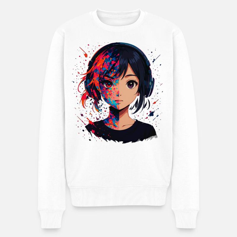 Farbsplitter Anime Porträt mit Kopfhörer - Männer Premium Bio Pullover - Weiß