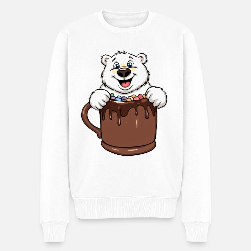 Ours polaire ludique avec tasse de chocolat - Pull Premium bio Homme - blanc