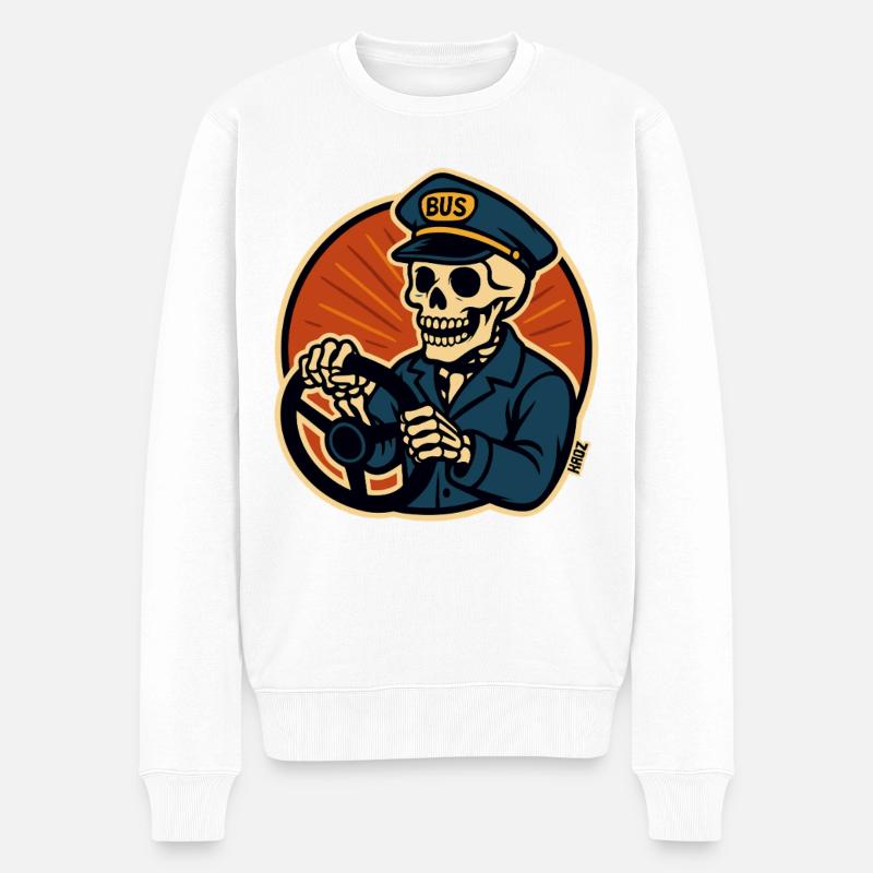 Skelett Busfahrer am Bus Lenkrad  - Männer Premium Bio Pullover - Weiß
