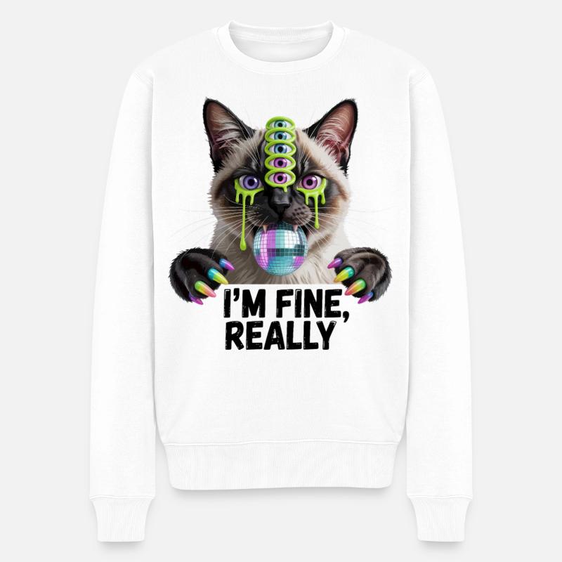 Neon-Mehräugige Disco-Katze - Männer Premium Bio Pullover - Weiß