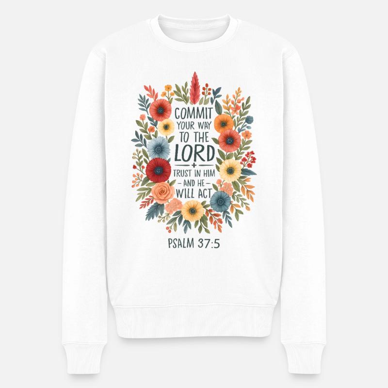 Blumenkranz Psalm 37:5 - Männer Premium Bio Pullover - Weiß