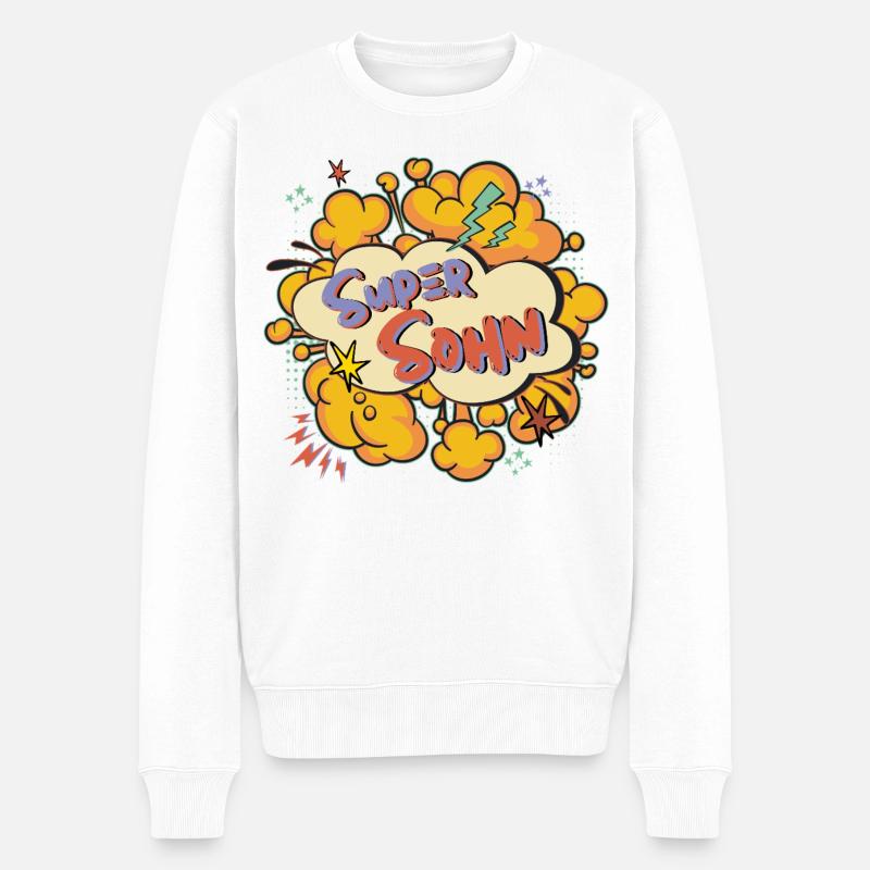 Super Sohn: Bunter Comic-Print - Männer Premium Bio Pullover - Weiß