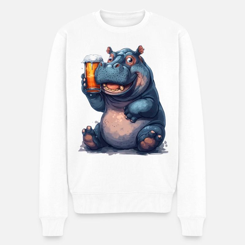 Nilpferd mit Bierglas Cartoon-Print - Männer Premium Bio Pullover - Weiß
