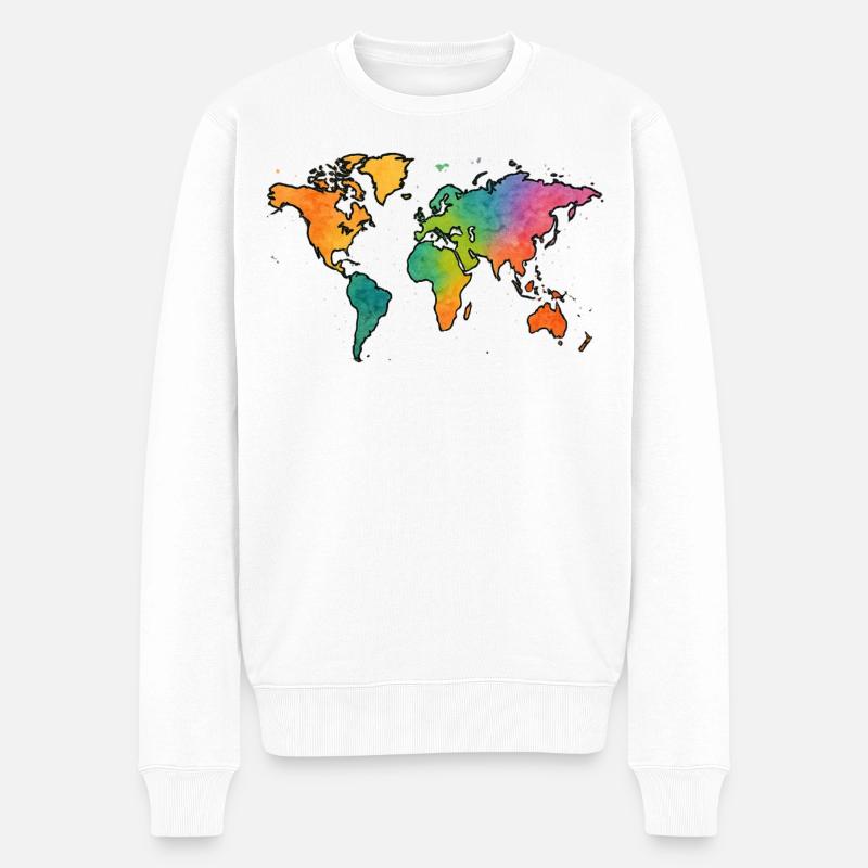 Carte du monde Aquarelle Arc-en-ciel - Pull Premium bio Homme - blanc
