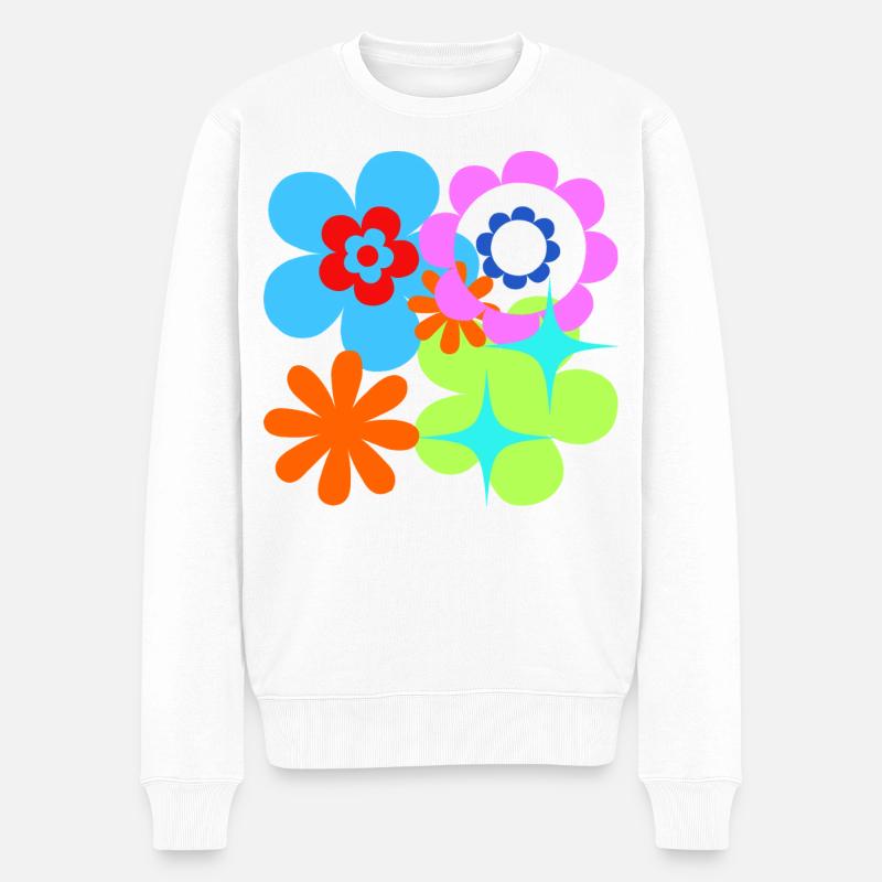 Kunterbunte Blüten und Sterne Psychedelische Flora - Männer Premium Bio Pullover - Weiß