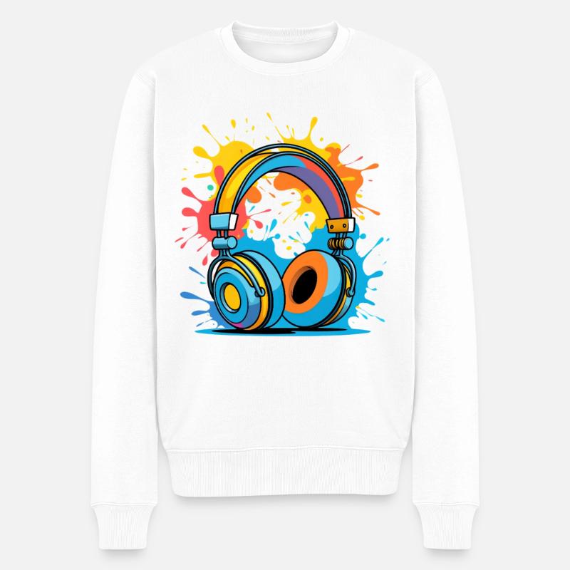 Bunte Kopfhörer Splash Design - Männer Premium Bio Pullover - Weiß