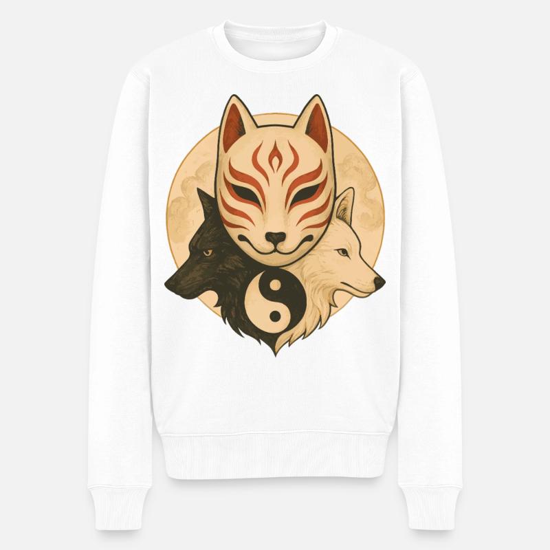 Fuchs Maske & Yin Yang Wölfe - Männer Premium Bio Pullover - Weiß
