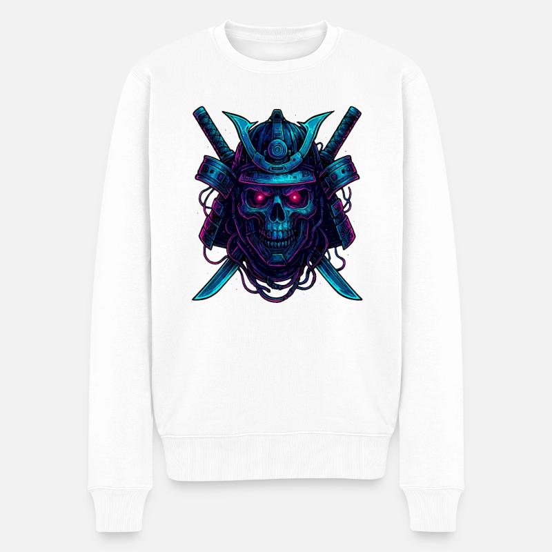 Cyber Samurai Totenkopf Neon Design - Männer Premium Bio Pullover - Weiß