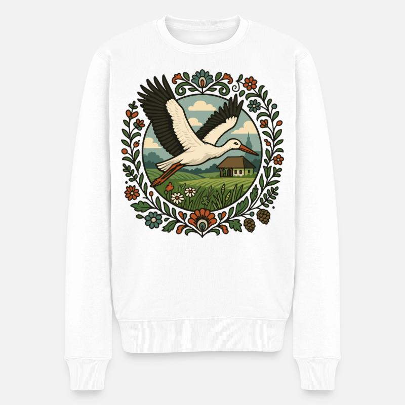 Polnischer Storch Volkskunst Landschaftsgestaltung - Männer Premium Bio Pullover - Weiß