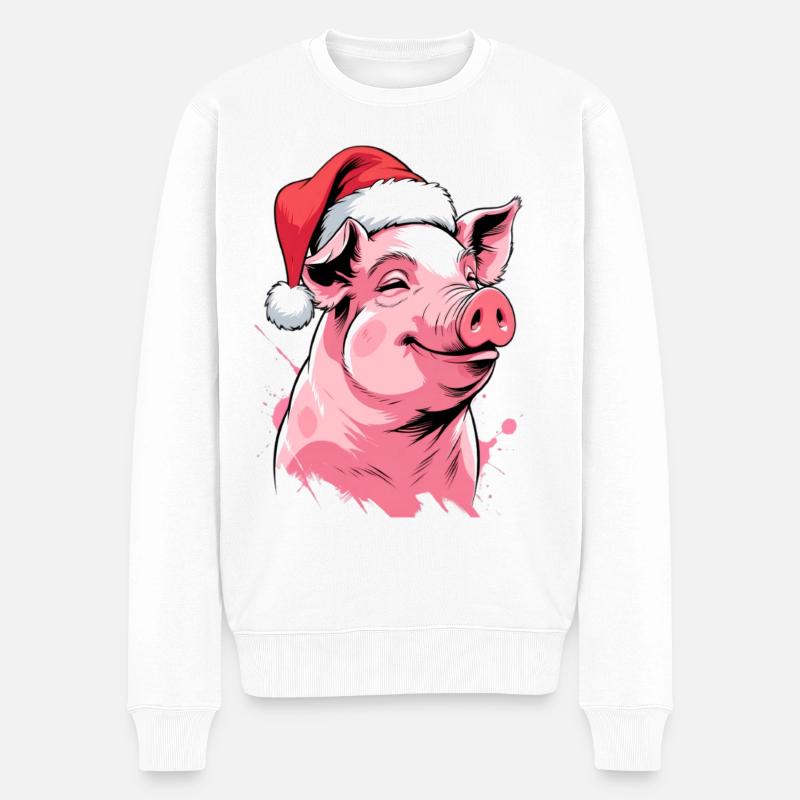 Cochon de Noël festif avec chapeau - Pull Premium bio Homme - blanc