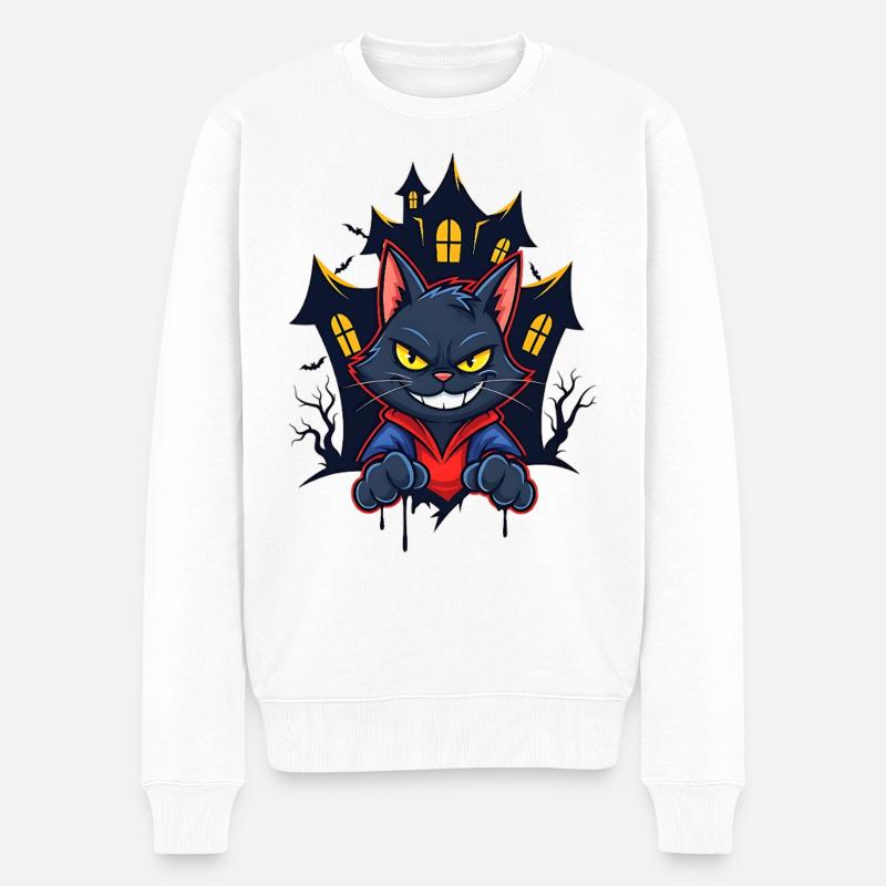 Chat souriant devant une maison hantée - Pull Premium bio Homme - blanc