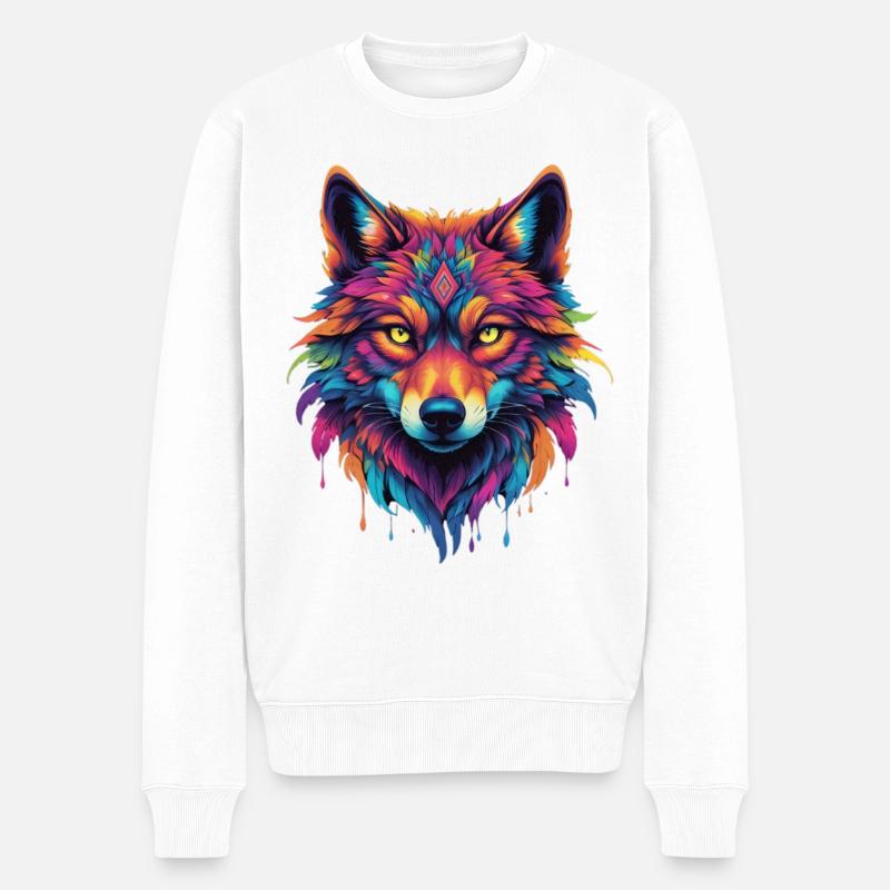 Bunter Wolf Kopf - Männer Premium Bio Pullover - Weiß