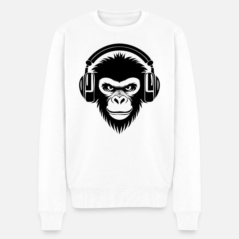Finsterer Comic-Affe mit Kopfhörern Shirt - Männer Premium Bio Pullover - Weiß