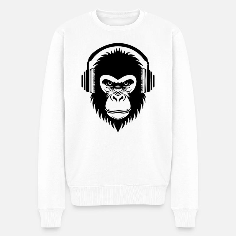 Nachdenklicher Cartoon-Affe mit Kopfhörern Shirt - Männer Premium Bio Pullover - Weiß